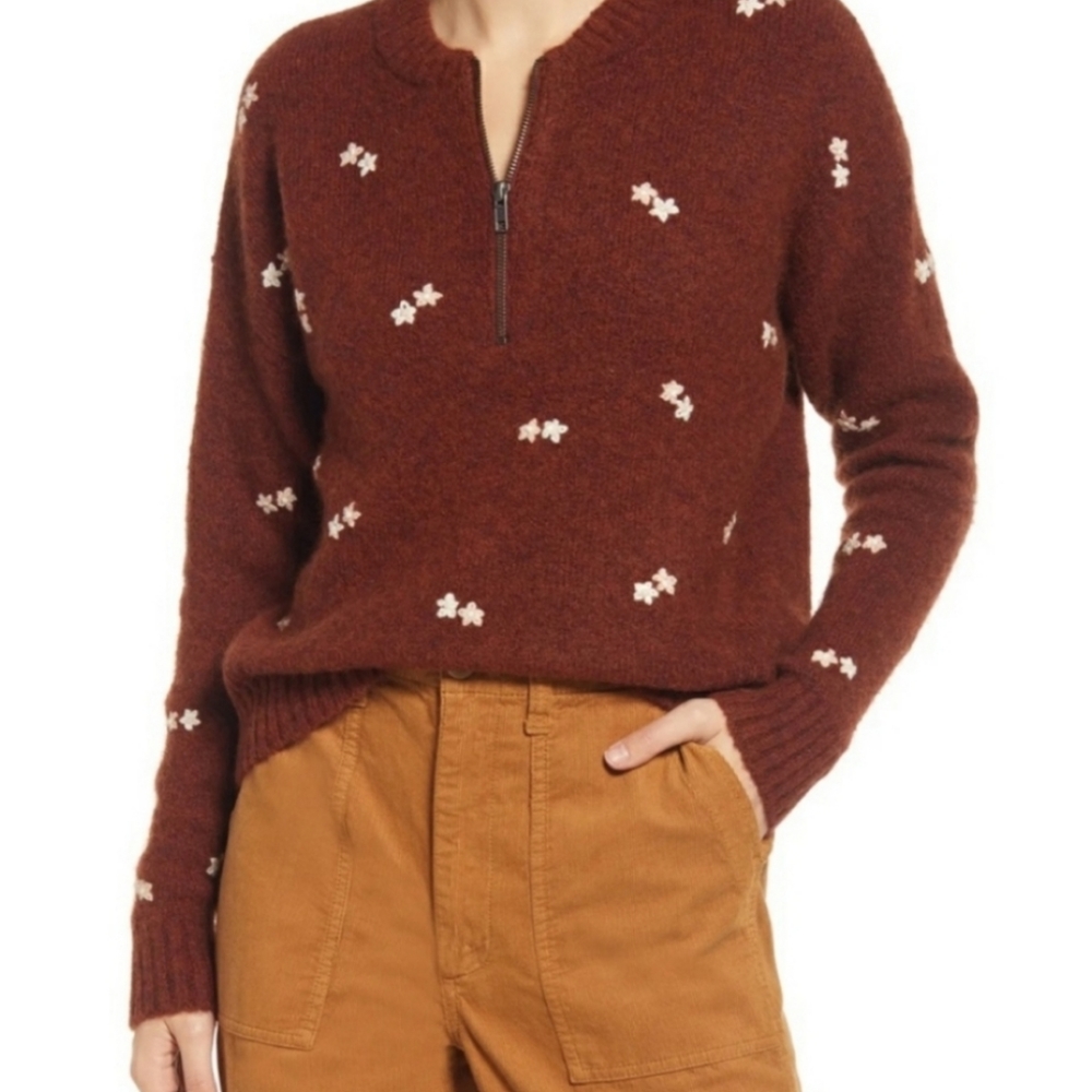 Madewell Brown Embroidered Enfield Half Zip Alpaca Wool Sweater floral rust